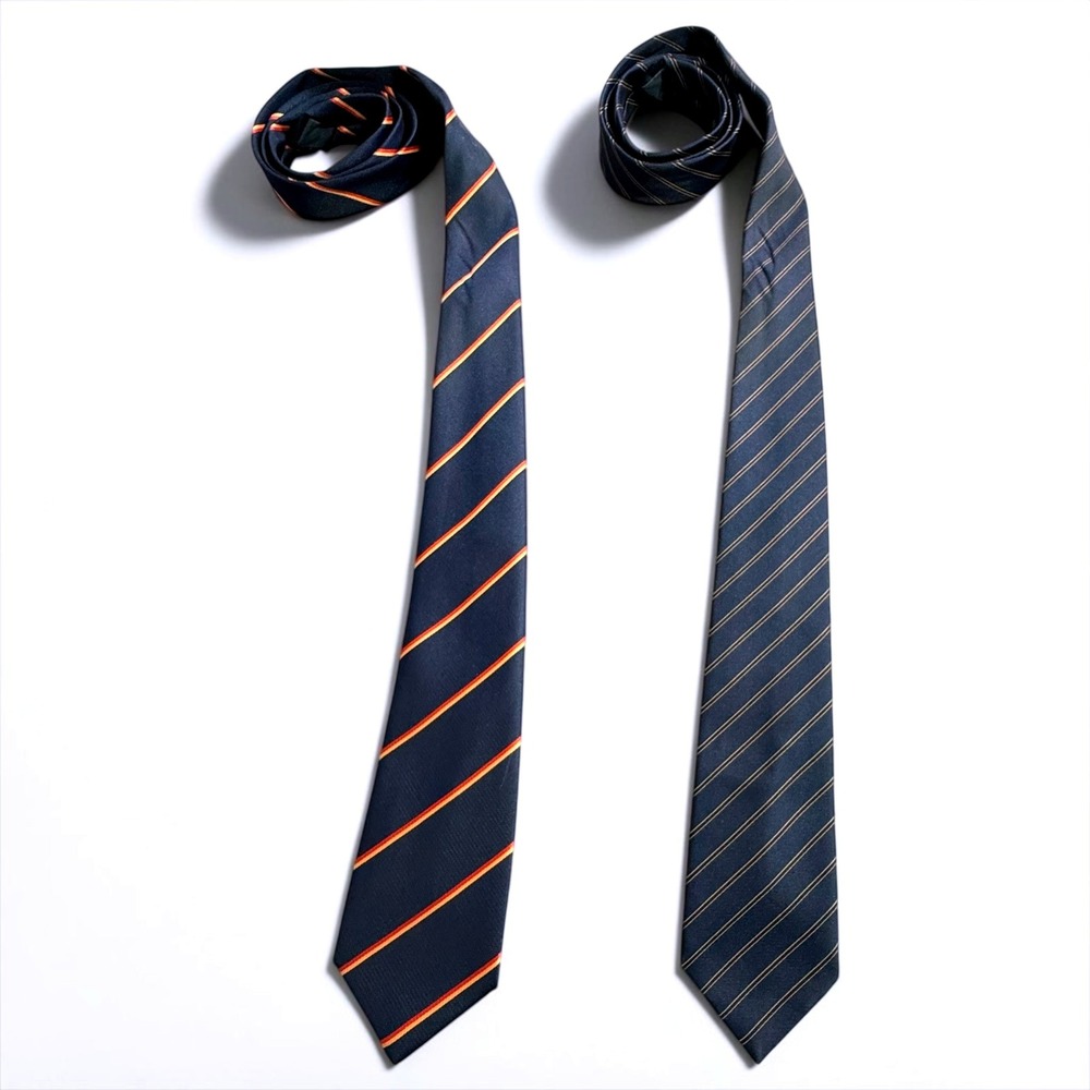 Rocket Mens Silk Tie Lot 2 Navy Blue Orange Gold Diagonal Striped Regimental